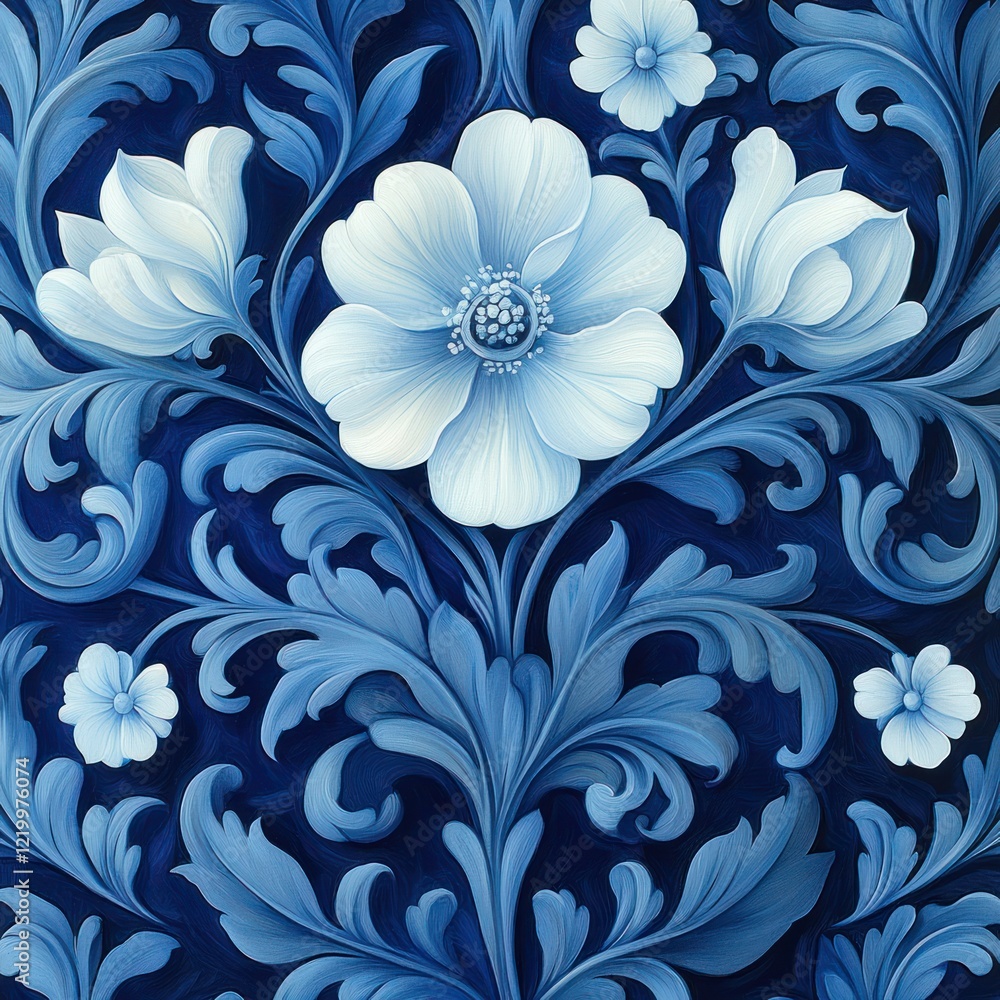 Aufkleber intricate botanical pattern abstract design in art nouveau style with deep blue and white color sche