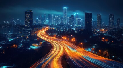 Obraz premium Futuristic Urban Cityscape at Night with Light Trails and 5G Technology Development