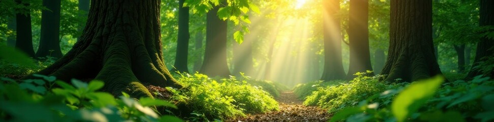 Obraz premium Dappled sunlight filters through leafy canopy, dappled light, forest floor