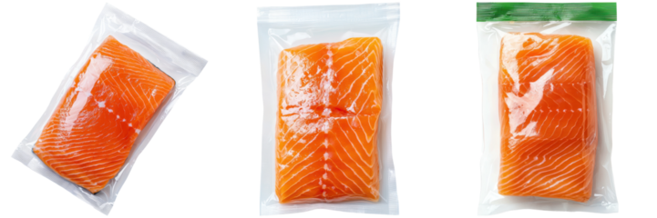 Fresh Salmon Fillets in Transparent Packaging for Grocery Store