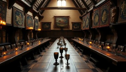Medieval Great Hall Dining Table Setting with Tapestries