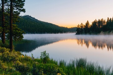 Serene Lake Sunrise with Misty Mountains and Reflections