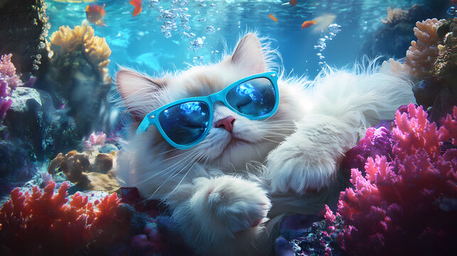 A lazy fluffy cat relaxing underwater in a vibrant coral oasis sporting a pair of playful blue tinted sunglasses creating a whimsical and enchanting scene. Enchanted Oasis. Illustration