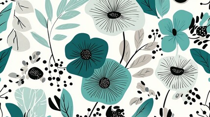 Floral Abstract Seamless Pattern in Minimalist Style in Turquoise Color, National Ethnic Ornament of European and Scandinavian Countries, Mosaic Design for Printing on Fabric, Ceramics, Wallpaper