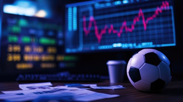 Soccer ball on desk with stock market data on screen