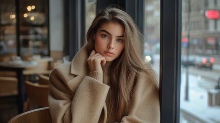 A beautiful young woman with long, straight hair wearing an oversized beige cashmere coat leans against the wall of a modern cafe.