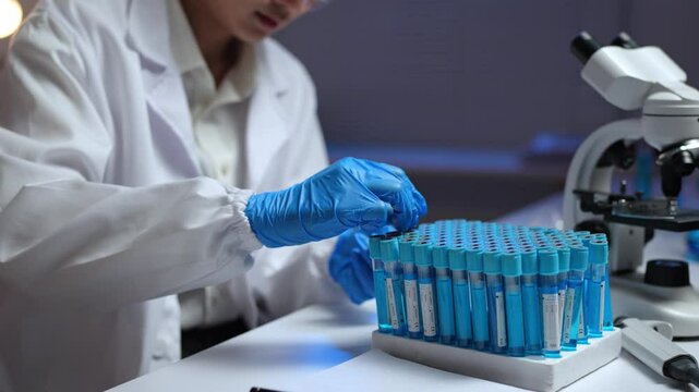 Laboratory technician wearing gloves carefully picking a test tube with blue liquid from a rack full of samples, with a microscope in the background