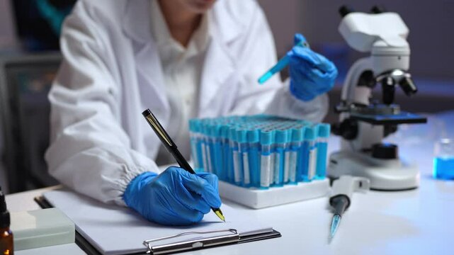 Laboratory technician writing notes on a clipboard while holding a test tube with blue liquid, with test tubes rack and microscope in background, in a medical research laboratory