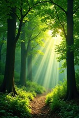 Obraz premium Dappled sunlight filters through leafy canopy, , trees, forest