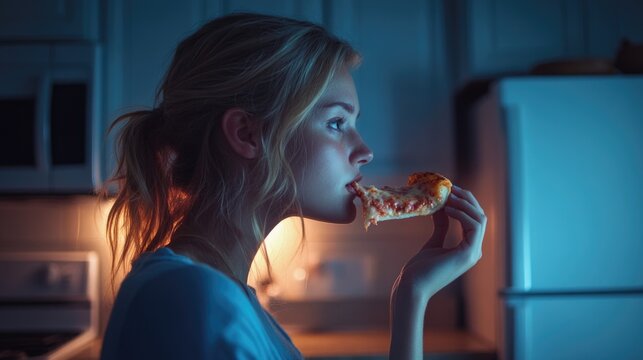Nighttime eating disorder, compulsive eating behavior occurring after dark, influenced by stress or anxiety, affecting rest, physical condition, emotional stability, often leading to cycle of regret.