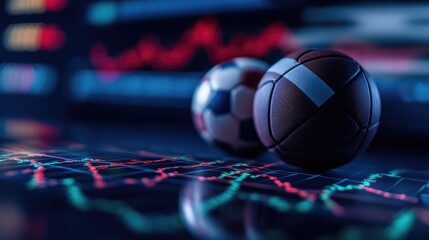 Sports betting analysis soccer and American football balls on financial data screen