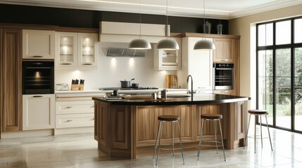 Fototapeta premium A kitchen with a wooden island and a black countertop