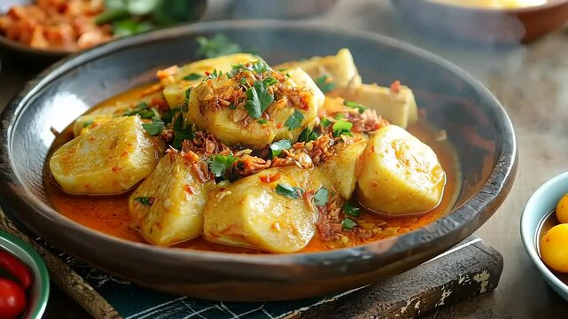 Spicy Cilantro-Garnished  Indonesian  Cimol in a Clay Bowl