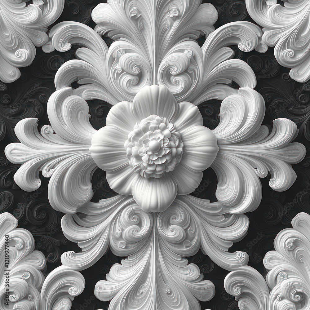 Poster intricate black and white art nouveau pattern design with swirling motifs and symmetrical compositio