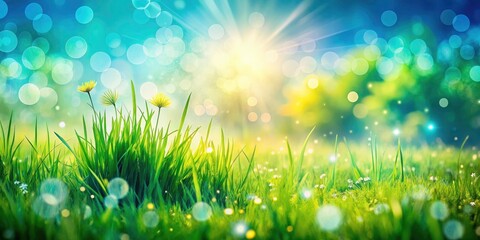 Obraz premium Beautiful Sunny Spring Meadow with Green Grass and Blue Sky - Candid Photography, Abstract Background, Light Bokeh, Perfect for Nature Themes and Text Space
