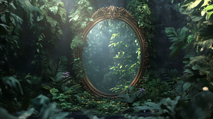An enchanting mirror surrounded by lush greenery, offering a glimpse into a mystical world, bathed in soft natural light. Enchanted Oasis. Illustration