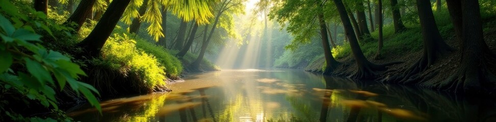 Dappled sunlight filters through palmetto leaves on riverbank, riverbank, dappled, peaceful