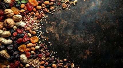 Fototapeta premium Dried fruit, nuts, granola on dark background