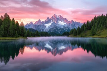 Serene Mountain Lake at Sunrise with Pink Hues and Misty Reflections