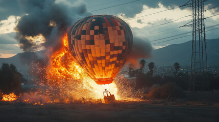 Obraz premium Fiery Hot Air Balloon Crash in a Desert Landscape