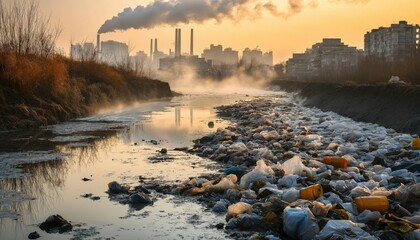 Polluted City Waste Stream in Urban Area at Sunset