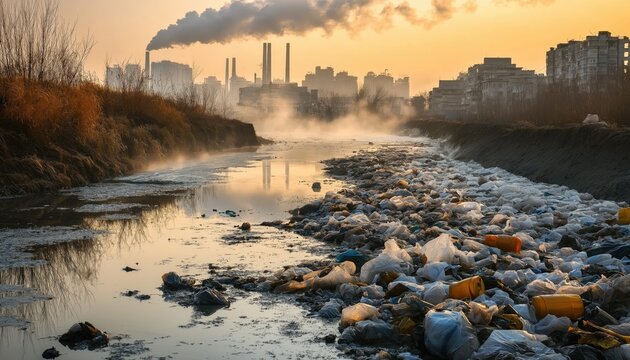 Polluted City Waste Stream in Urban Area at Sunset
