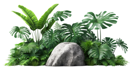 A rock sits in front of a lush green plant