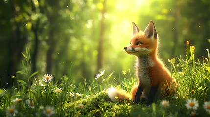 Fototapeta premium Whimsical 3D Fox Cub Sitting in Lush Green Forest Surrounded by Wildflowers
