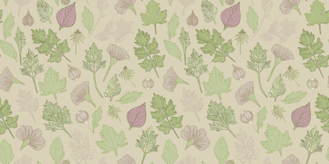 repeating pattern of stylized floral and leaf motifs in a variety of colors against a white background.