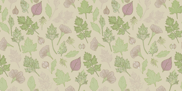 repeating pattern of stylized floral and leaf motifs in a variety of colors against a white background.