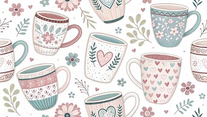 A charming seamless pattern of coffee mugs with pastel tones and delicate designs, featuring stripes, hearts, and floral motifs on a white background.
