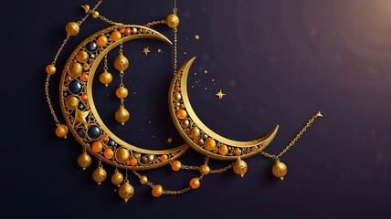 Ramadan moon decor with Islamic rosary beads and dates fruit.