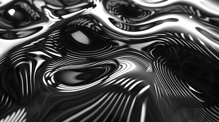 Naklejka premium Abstract black and white fluid surface with wavy patterns and reflections.