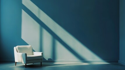 Obraz premium Serene Minimalist Living Room with Calming Blue Wall, Inviting Space for Relaxation and Contemplation