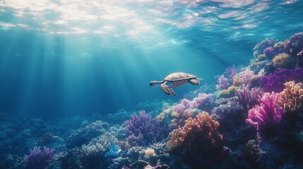 Obraz premium A close-up of an underwater scene with coral reefs and sea turtles, captured in high definition photography style.