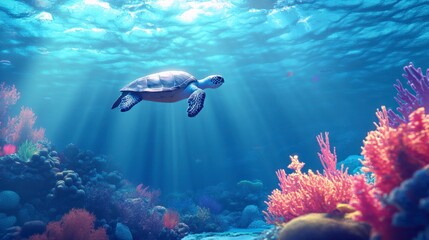Obraz premium A close-up of an underwater scene with coral reefs and sea turtles, captured in high definition photography style.