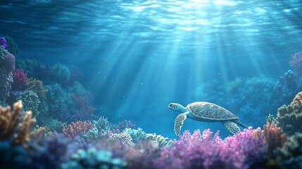 A close-up of an underwater scene with coral reefs and sea turtles, captured in high definition photography style.