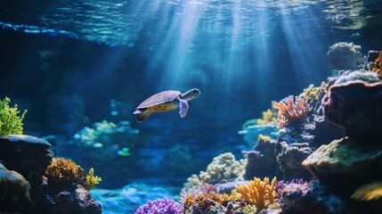 Fototapeta premium A close-up of an underwater scene with coral reefs and sea turtles, captured in high definition photography style.