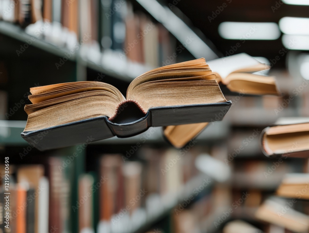 Poster floating open books in a library with blurred bookshelves, capturing the essence of knowledge and le