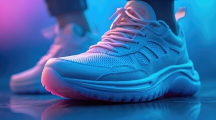 Stylish white sneakers, neon light, studio shot, urban background, footwear advertising