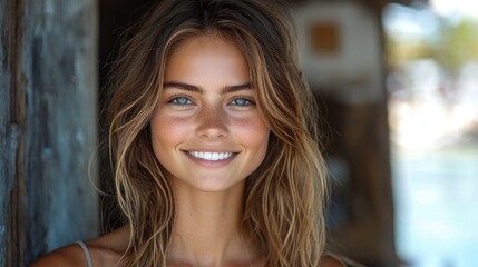Obraz premium Stunning Portrait of a Freckled Woman with Long Brown Hair and a Warm Smile