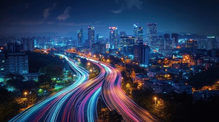 Futuristic Urban City Skyline at Night with Light Trails and 5G Technology