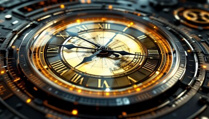 Naklejka premium Intricate Golden Clock, A Masterpiece of Time