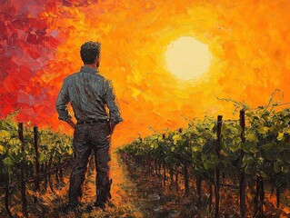 Fototapeta premium Farmer surveys vineyard at sunset, contemplating harvest