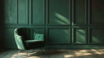 Vintage Green Velvet Armchair in Cozy Minimalist Room with Dark Green Paneled Wall and Soft Ambient Lighting