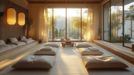 Fototapeta premium Serene Sunrise Meditation Room: Japanese Zen Interior Design