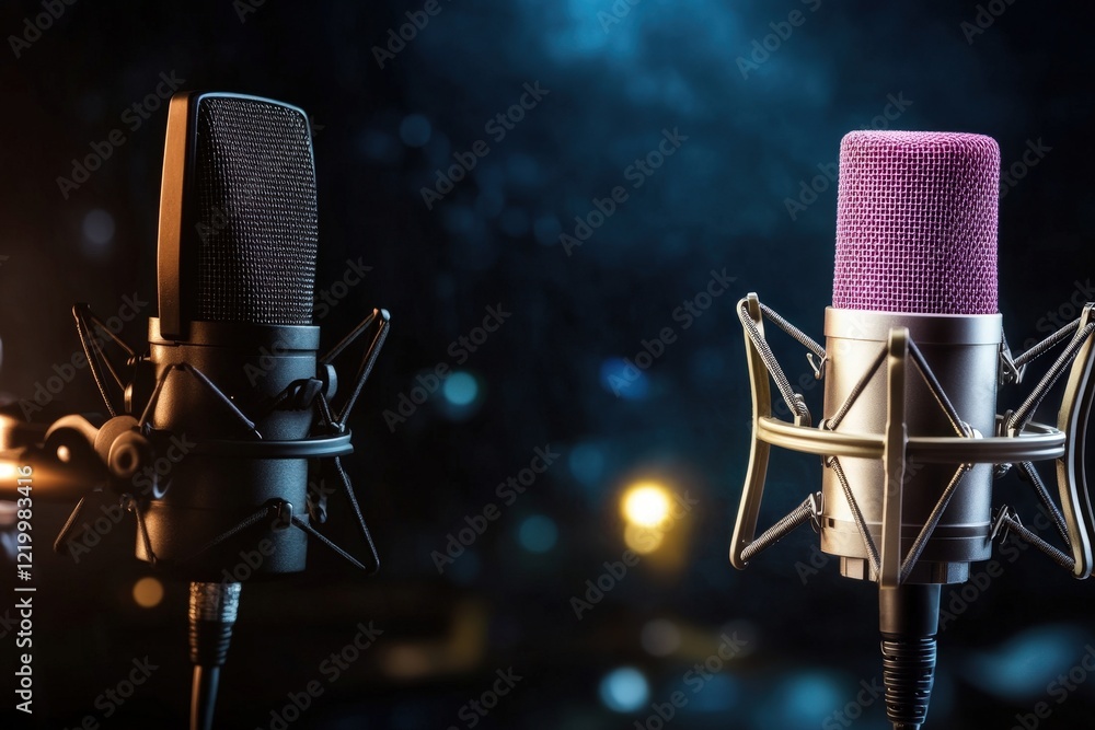 Poster microphones on a table with a blurred background in a studio setting