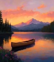 Serene Sunset over Mountain Lake with Canoe