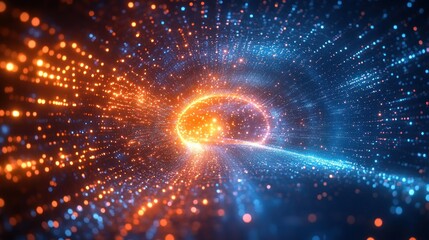 Obraz premium Abstract Tunnel of Light with Flowing Particles and Digital Motion in Vibrant Blue and Orange Hues
