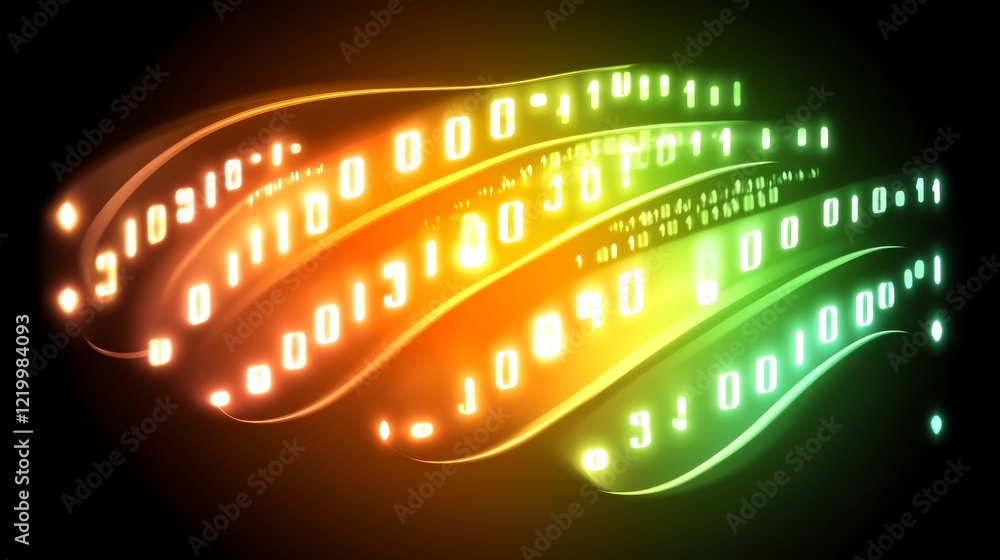Poster abstract digital data stream, glowing binary code wave